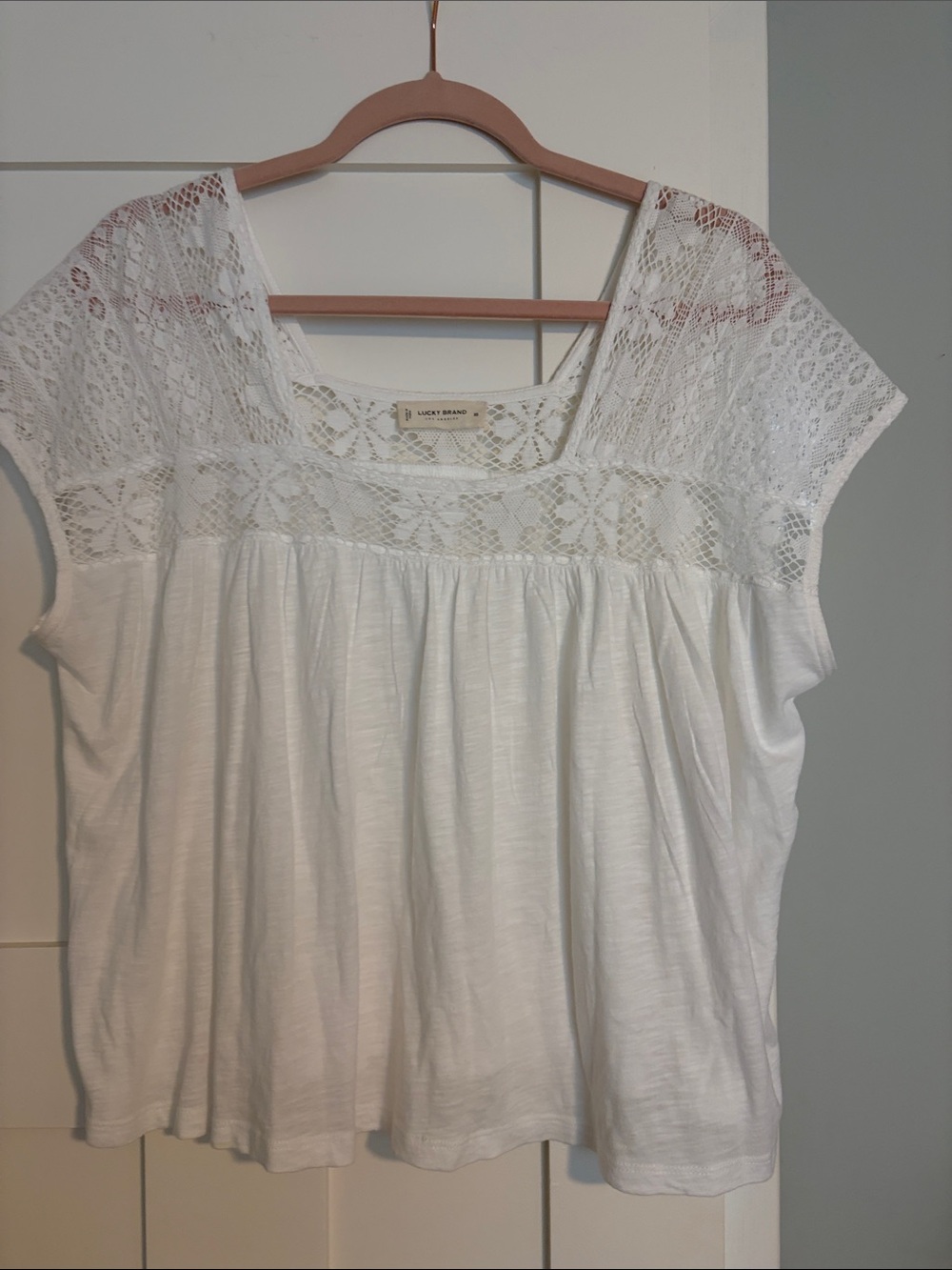 Lucky Brand White Short Sleeve Crochet Yoke Tee